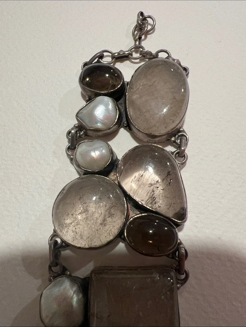 Handcrafted Gray Pearl & Smoky Quartz Statement Bracelet